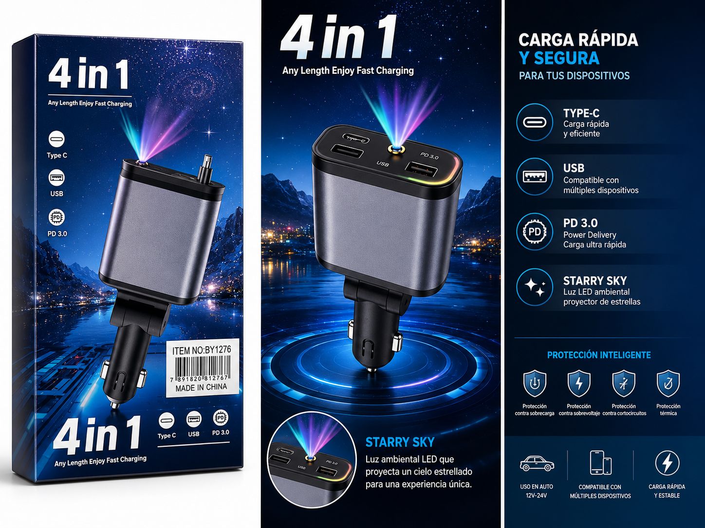 Cargador de auto 4 en 1 con luz estrella